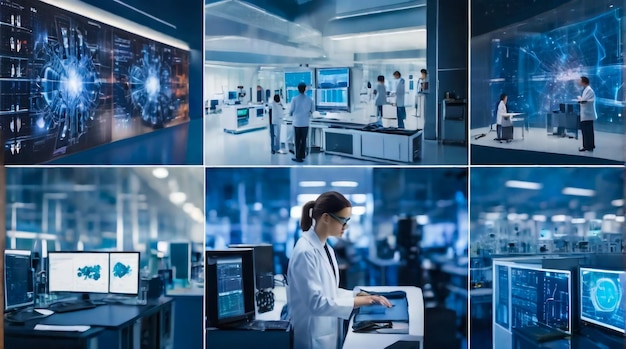 a collage of photos of people working in a lab