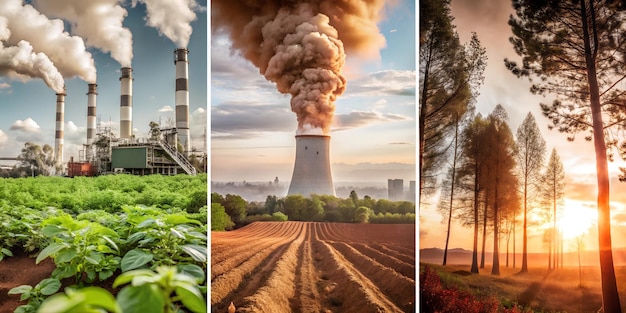 a collage of photos showing a nuclear power plant