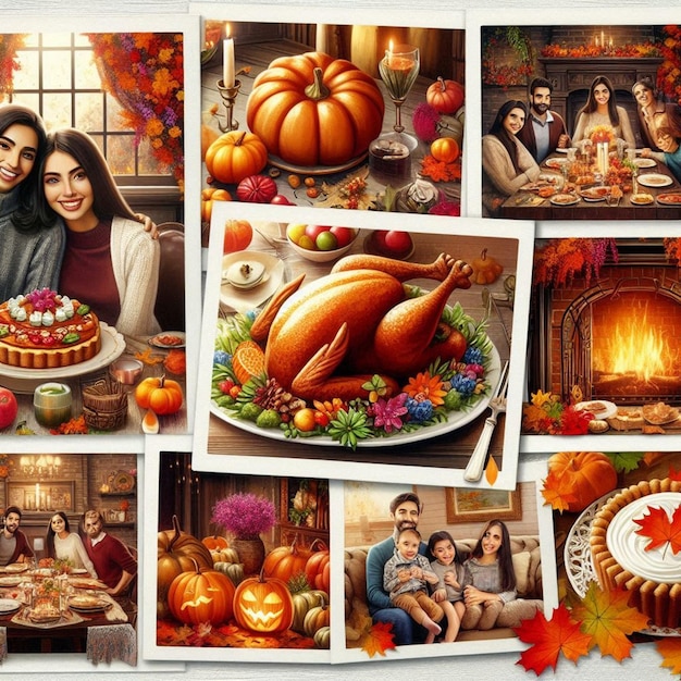 a collage of photos with a picture of a family and a pumpkin