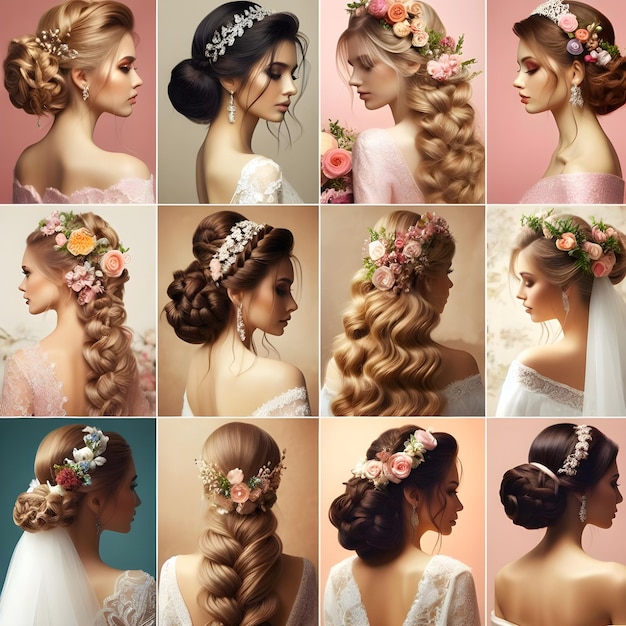 Photo a collage of photos of a woman with flowers in her hair