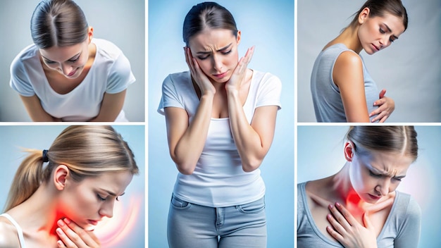 Photo a collage of photos of a woman with a pain in her mouth