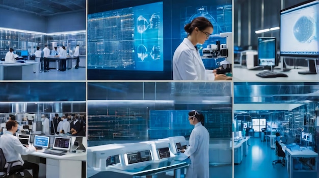 a collage of photos of a woman working in a lab with a blue background