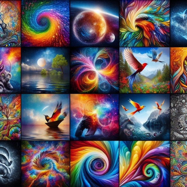 a collage of pictures of birds and the rainbow