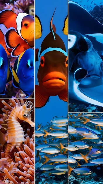 Photo a collage of pictures of fish and corals