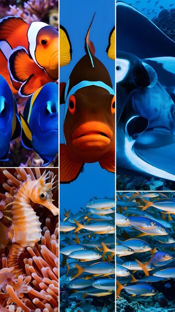 Photo a collage of pictures of fish and corals