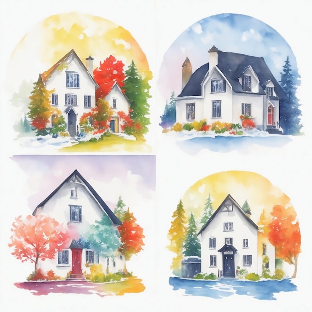 a collage of pictures of a house and trees.