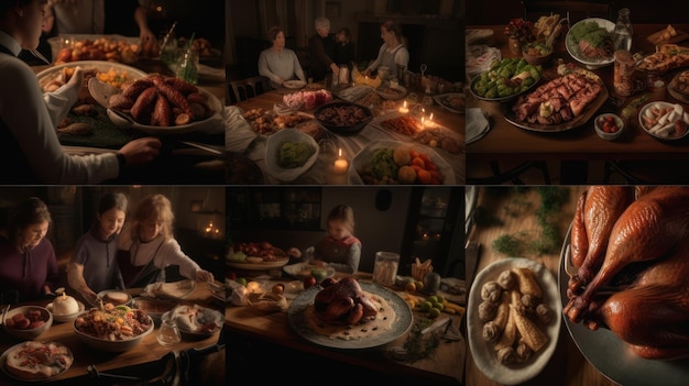 A collage of pictures of a table full of food including a turkey, a woman and a man.