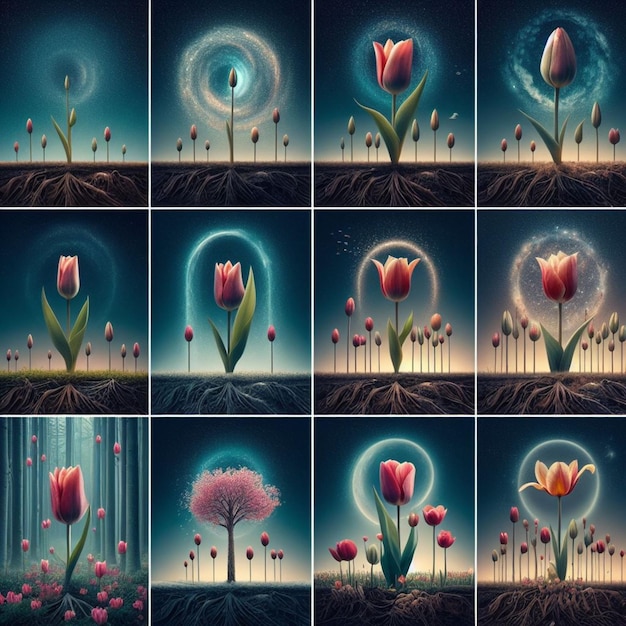 a collage of pictures of tulips and a heart with the words love