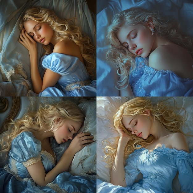 Photo a collage of pictures of a woman sleeping in a bed with a blue comforter