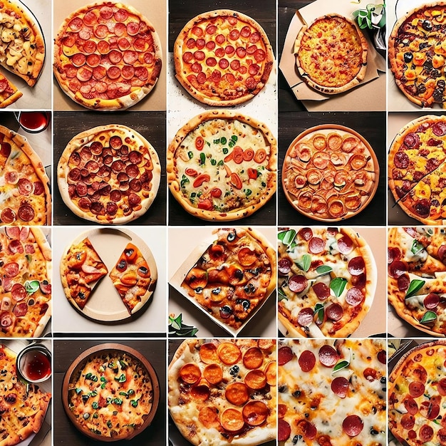 A collage of pizzas including one that has different toppings.