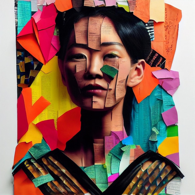 collage portrait of Asian woman made of magazines 3d rendering