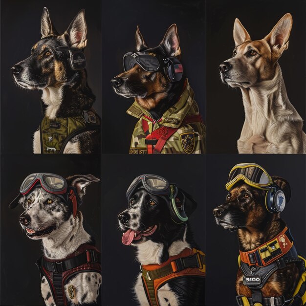 Collage of portraits of dogs in aviator aviator suit