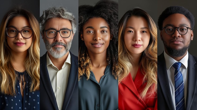 Collage of portraits of an ethnically diverse and mixed age group of focused business professionals