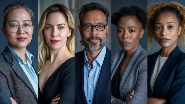 Collage of portraits of an ethnically diverse and mixed age group of focused business professionals