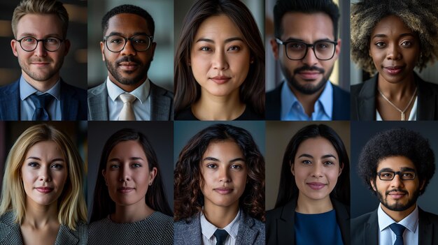 Collage of portraits of an ethnically diverse and mixed age group of focused business professionals