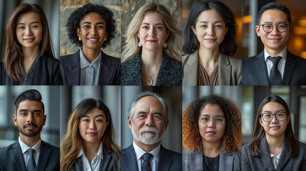 Collage of portraits of an ethnically diverse and mixed age group of focused business professionals