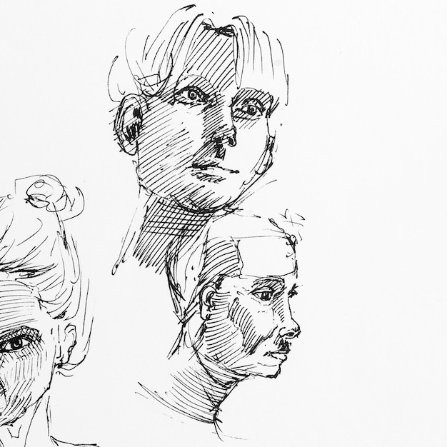 Collage of pretty girls faces Drawing by hand with black ink on paper Black and white artwork