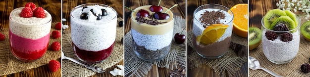 Collage of pudding with chia seed fruit and berry on the rustic wooden background Closeup