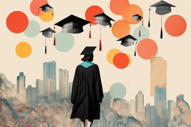 Photo collage retro dreamy graduation adult architecture achievement