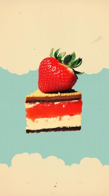 Photo collage retro dreamy with a piece of cake strawberry dessert fruit