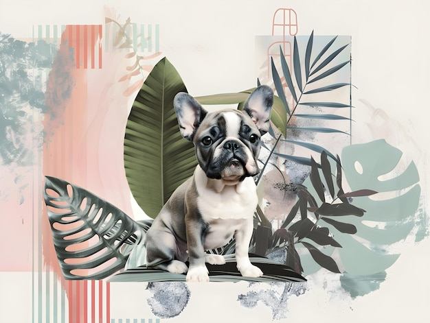 collage retro elements pastel colors french bulldog minimalistic