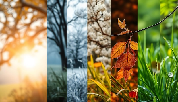 Photo collage seasons all season seasons in one photo winter spring summer autumn tree branch grass