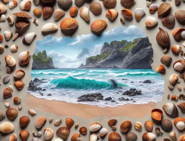 A collage of shells and a seascape with a blue wave in the middle.