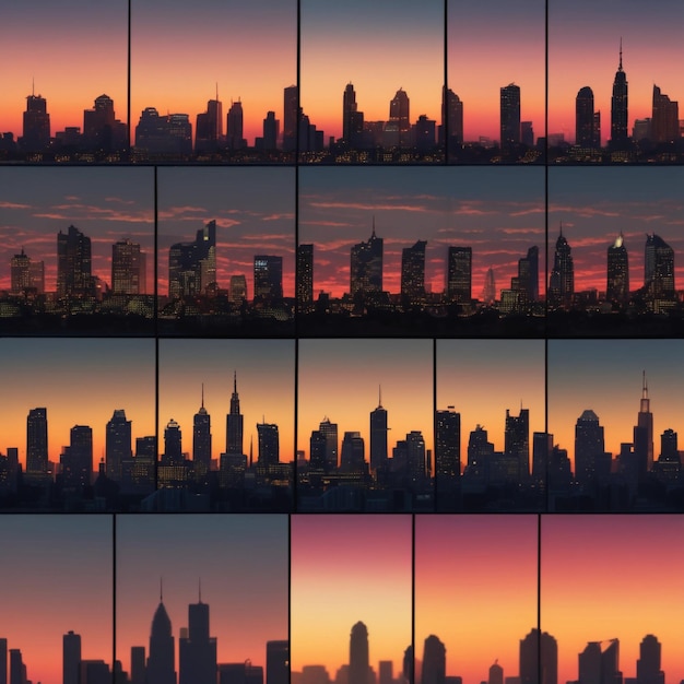 Photo collage of silhouette of city skyline during sunset l