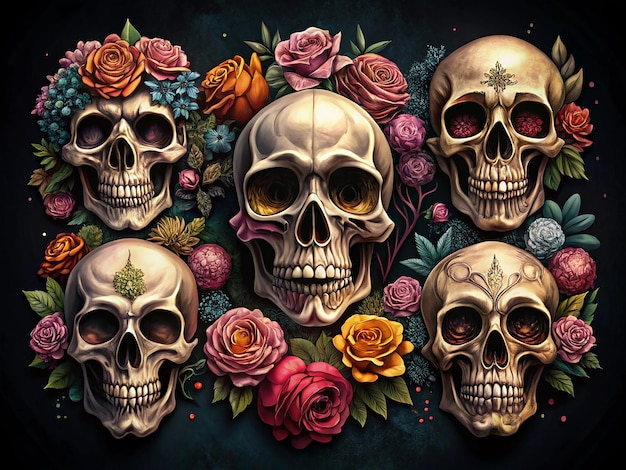 a collage of skulls and flowers with a skull and flowers