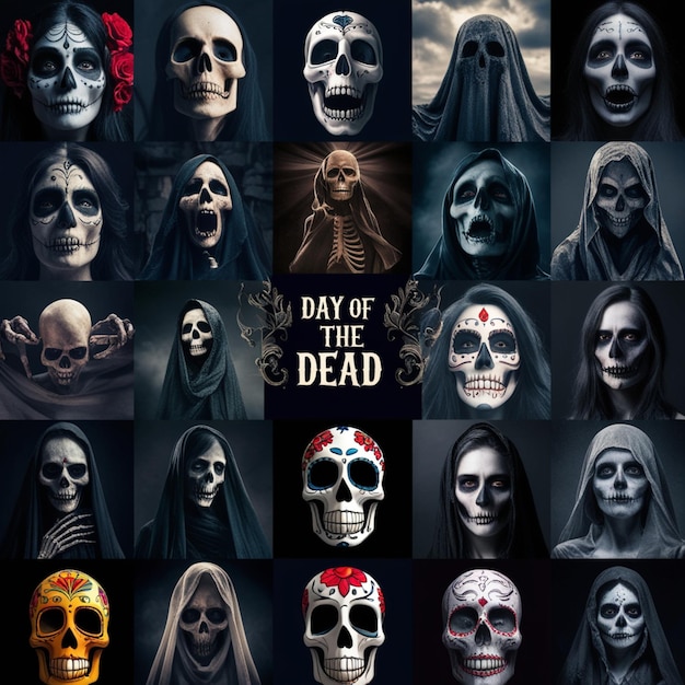 Photo a collage of skulls with a black background with a picture of dead