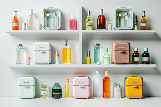 Collage of small cosmetic refrigerator on white background