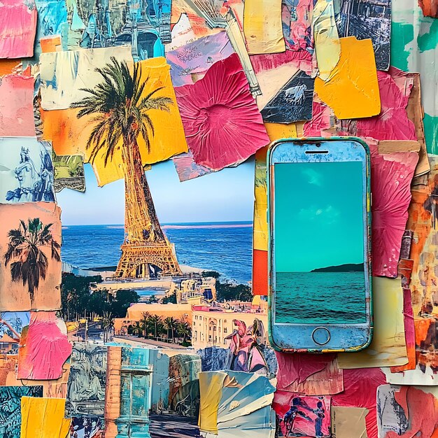 Photo collage of smartphone with cityscape and ocean view