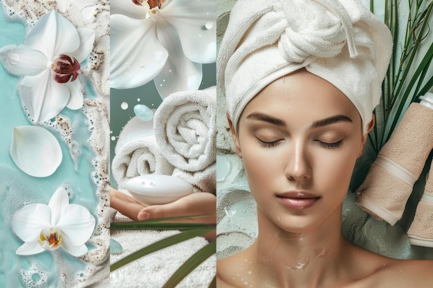 Photo collage of spa wellness items with a serene woman enjoying a facial treatment surrounded by fresh frangipani flowers towels and skincare products