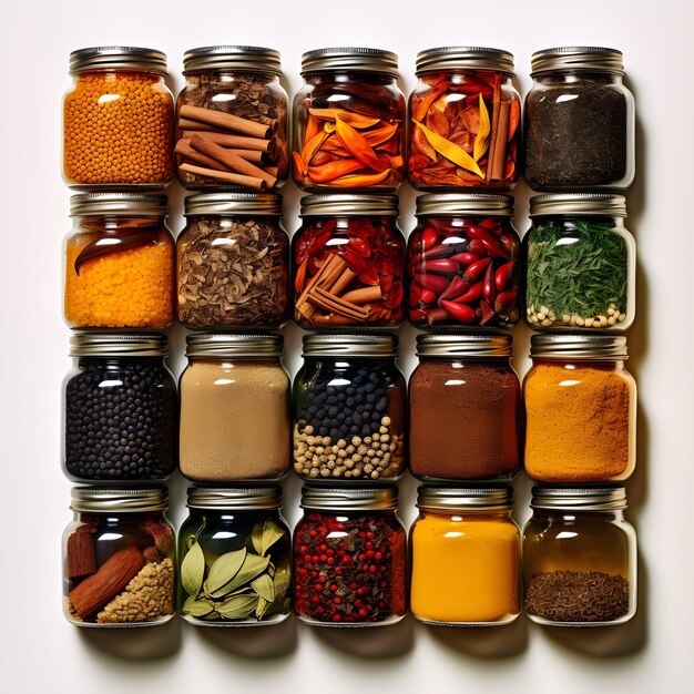 collage of spices jars isolated on white background