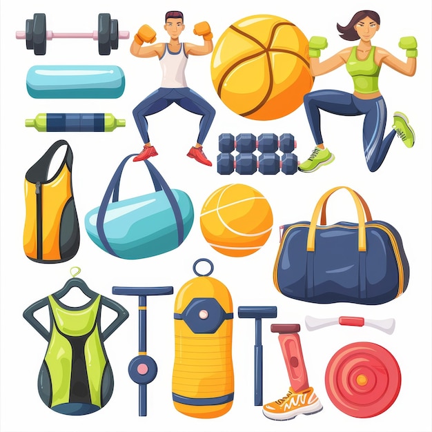 Photo a collage of sports equipment including a man and a woman with a shirt that says  gym