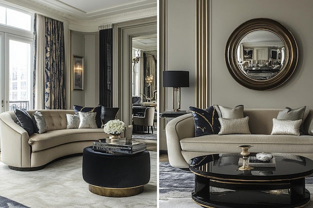 Photo collage of stylish interiors with round mirrors hanging on walls