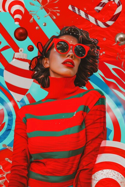 Photo collage of stylish woman in red and green festive attire with sunglasses