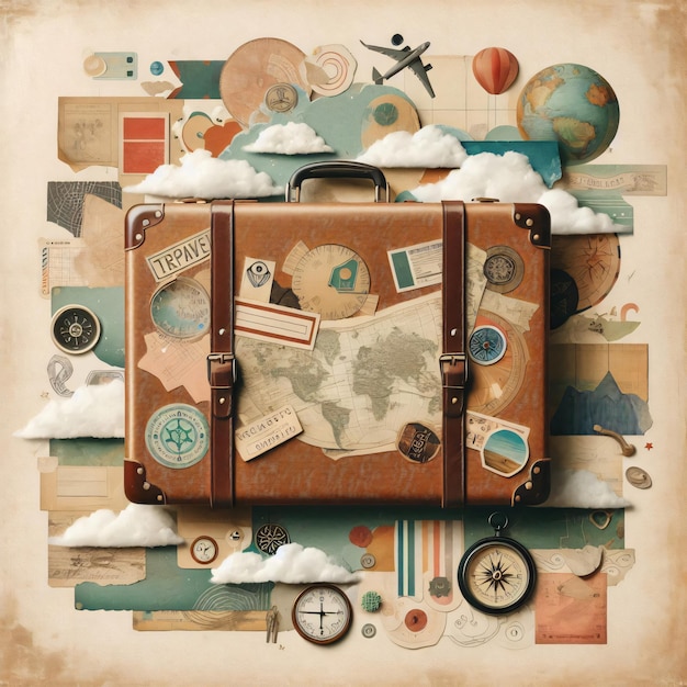 a collage of a suitcase with a map of the world on it