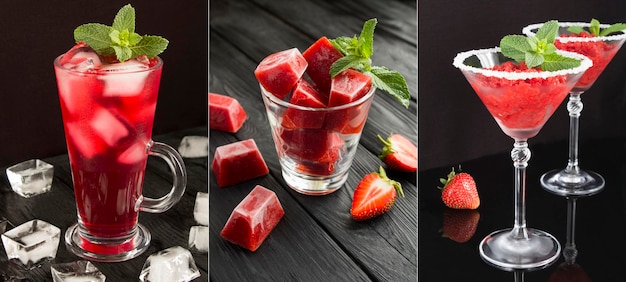 Collage of summer cold drink with strawberries on the black background Closeup