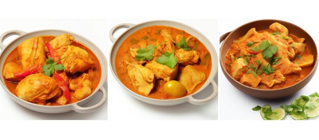 Photo collage of tasty chicken curry on white background