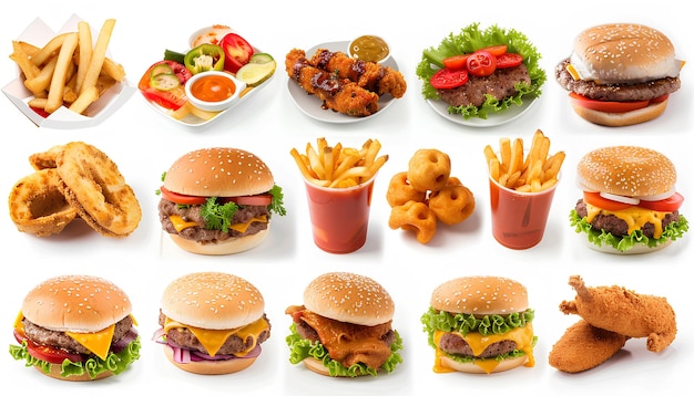 Collage of tasty fast food on white background