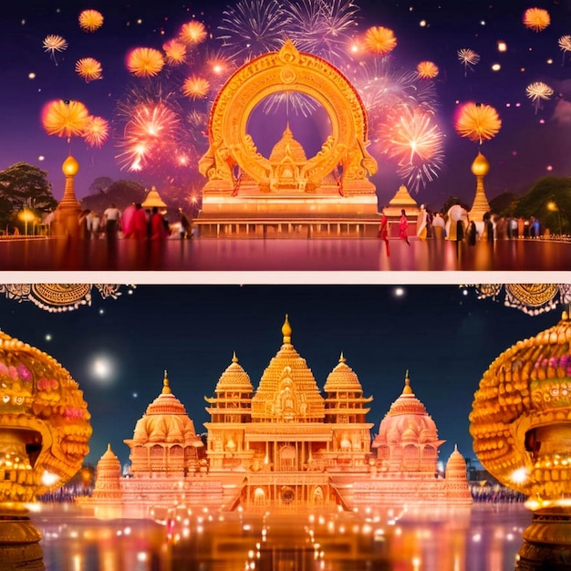 a collage of a temple with a temple in the background