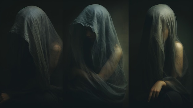 Photo a collage of three photos of a man wrapped in a shroud of shadows on a gloomy background the human soul death loneliness anonymous concepts