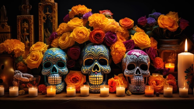 a collage of traditional Day of the Dead elements including marigolds candles and sugar skulls