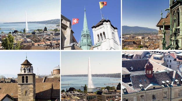 Collage of travel Geneva Switzerland Panoramic view from above to the city and the lake on a summer day