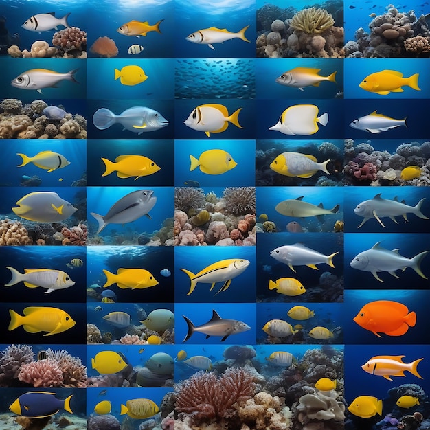 a collage of tropical fish and corals with many different colors