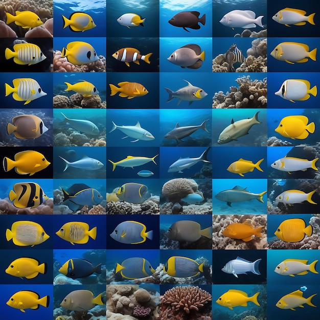 a collage of tropical fish and corals with many different colors