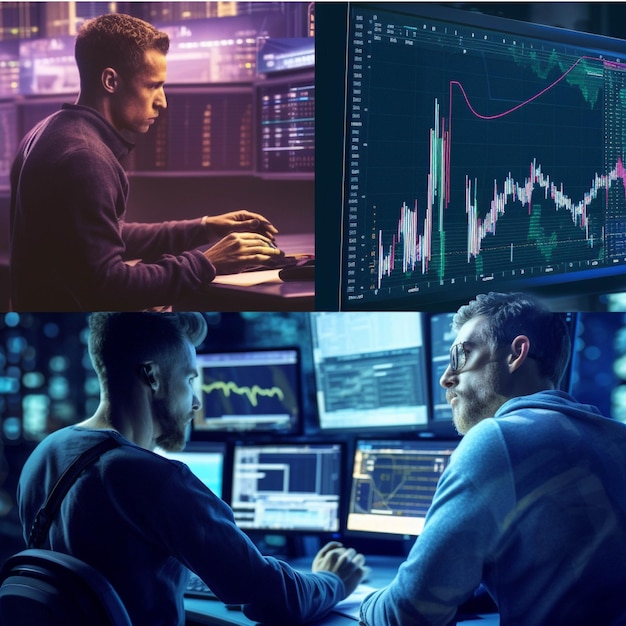 Collage of two traders looking at stock market data on computer monitors