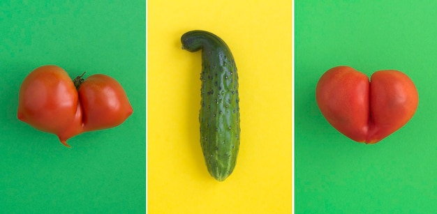 Collage of ugly food Tomato and cucumber on the colored background Closeup