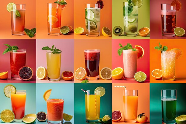 Photo collage of various fresh juice